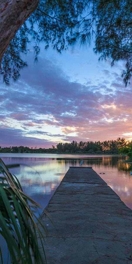 A peaceful dock at dusk, ideal for dog training in Olympia Heights, FL.