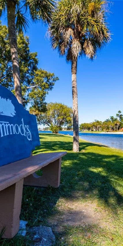 A peaceful waterfront bench, ideal for dog training in The Hammocks, FL.