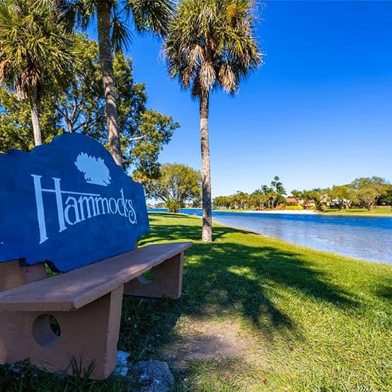 A peaceful waterfront bench, ideal for dog training in The Hammocks, FL.